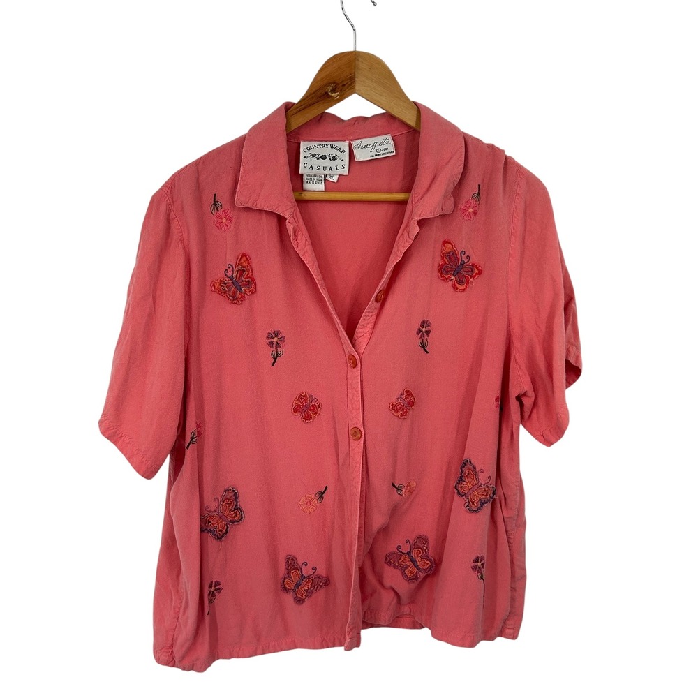Country Wear Casuals Butterfly Embroidered Shirt Pink Rayon Short Sleeve XL